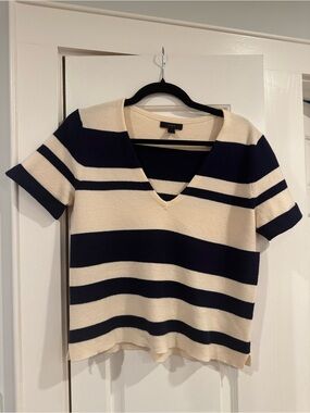 Jcrew merino SMALL Striped V-Neck Short Sleeve Sweater - Navy & Cream S